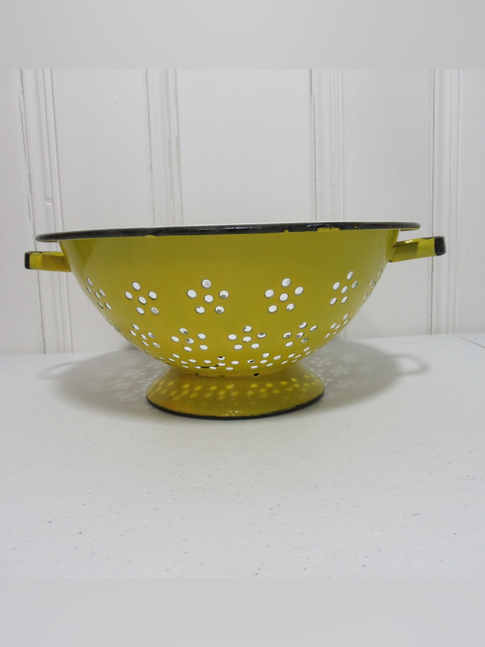 Vintage Yellow Enamel Colander with Handles and Pedestal base